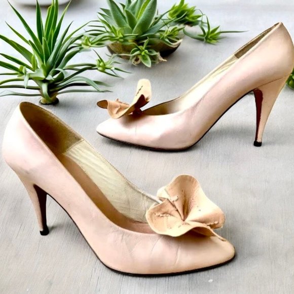 MARTINEZ VALERO Vintage 80's Pump Heels Leather Big Flower Womens 8.5 Spain - Picture 5 of 15